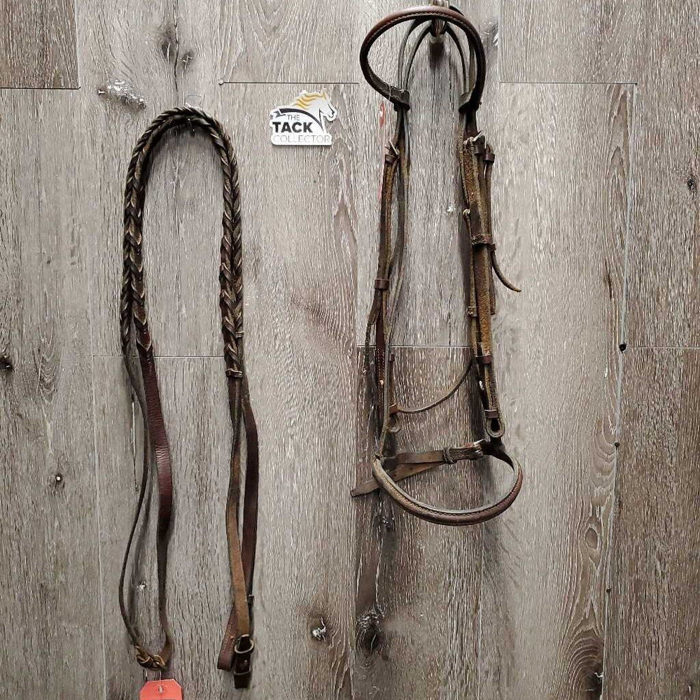 Flat Bridle, Braided Reins *gc, dry, stiff, twists, rough back, creases, loose keepers, rubs