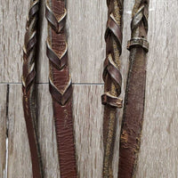 Flat Bridle, Braided Reins *gc, dry, stiff, twists, rough back, creases, loose keepers, rubs
