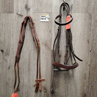 Thick Bridle Set: Cavesson, Crank & Figure 8, Thick Cotton & Rubber Grip Reins *gc, older, dirty, rubs, scrapes, mnr mismatched, trimmed, loose keepers
