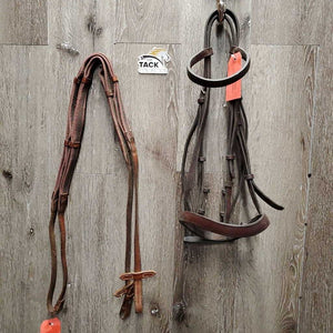 Thick Bridle Set: Cavesson, Crank & Figure 8, Thick Cotton & Rubber Grip Reins *gc, older, dirty, rubs, scrapes, mnr mismatched, trimmed, loose keepers