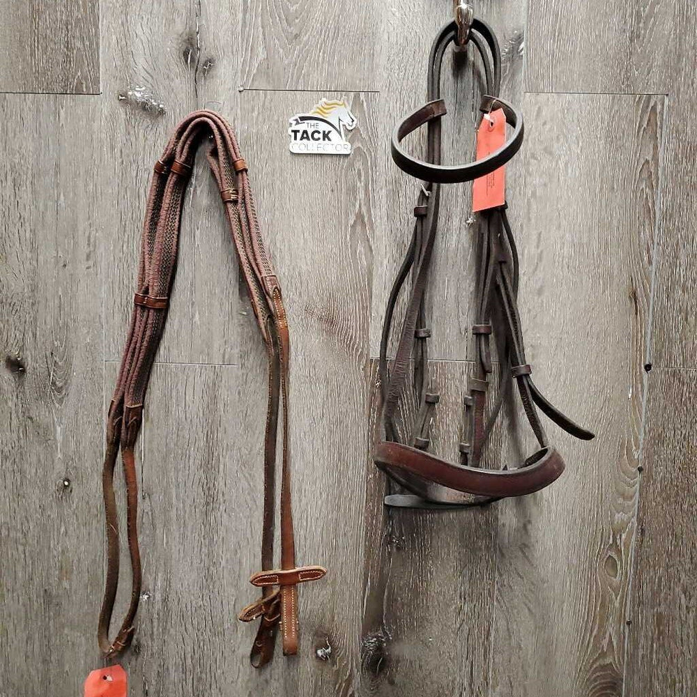 Thick Bridle Set: Cavesson, Crank & Figure 8, Thick Cotton & Rubber Grip Reins *gc, older, dirty, rubs, scrapes, mnr mismatched, trimmed, loose keepers