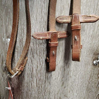 Thick Bridle Set: Cavesson, Crank & Figure 8, Thick Cotton & Rubber Grip Reins *gc, older, dirty, rubs, scrapes, mnr mismatched, trimmed, loose keepers
