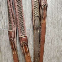 Thick Bridle Set: Cavesson, Crank & Figure 8, Thick Cotton & Rubber Grip Reins *gc, older, dirty, rubs, scrapes, mnr mismatched, trimmed, loose keepers
