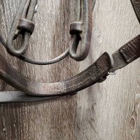 Thick Bridle Set: Cavesson, Crank & Figure 8, Thick Cotton & Rubber Grip Reins *gc, older, dirty, rubs, scrapes, mnr mismatched, trimmed, loose keepers
