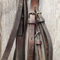 Thick Bridle Set: Cavesson, Crank & Figure 8, Thick Cotton & Rubber Grip Reins *gc, older, dirty, rubs, scrapes, mnr mismatched, trimmed, loose keepers
