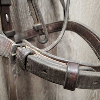 Thick Bridle Set: Cavesson, Crank & Figure 8, Thick Cotton & Rubber Grip Reins *gc, older, dirty, rubs, scrapes, mnr mismatched, trimmed, loose keepers
