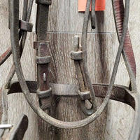 Thick Bridle Set: Cavesson, Crank & Figure 8, Thick Cotton & Rubber Grip Reins *gc, older, dirty, rubs, scrapes, mnr mismatched, trimmed, loose keepers