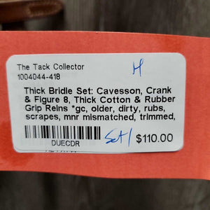 Thick Bridle Set: Cavesson, Crank & Figure 8, Thick Cotton & Rubber Grip Reins *gc, older, dirty, rubs, scrapes, mnr mismatched, trimmed, loose keepers