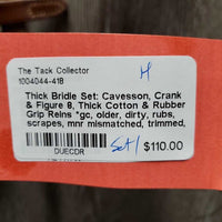 Thick Bridle Set: Cavesson, Crank & Figure 8, Thick Cotton & Rubber Grip Reins *gc, older, dirty, rubs, scrapes, mnr mismatched, trimmed, loose keepers
