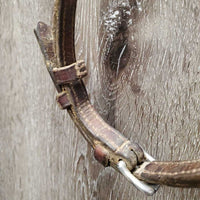 Thick Bridle Set: Cavesson, Crank & Figure 8, Thick Cotton & Rubber Grip Reins *gc, older, dirty, rubs, scrapes, mnr mismatched, trimmed, loose keepers
