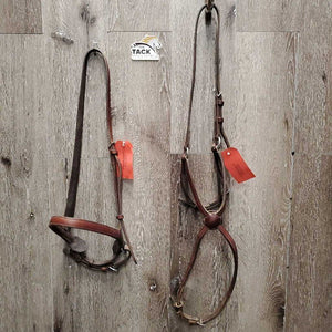 Thick Bridle Set: Cavesson, Crank & Figure 8, Thick Cotton & Rubber Grip Reins *gc, older, dirty, rubs, scrapes, mnr mismatched, trimmed, loose keepers