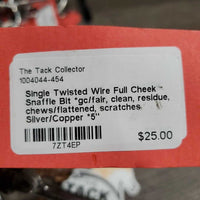 Single Twisted Wire Full Cheek Snaffle Bit *gc/fair, clean, residue, chews/flattened, scratches
