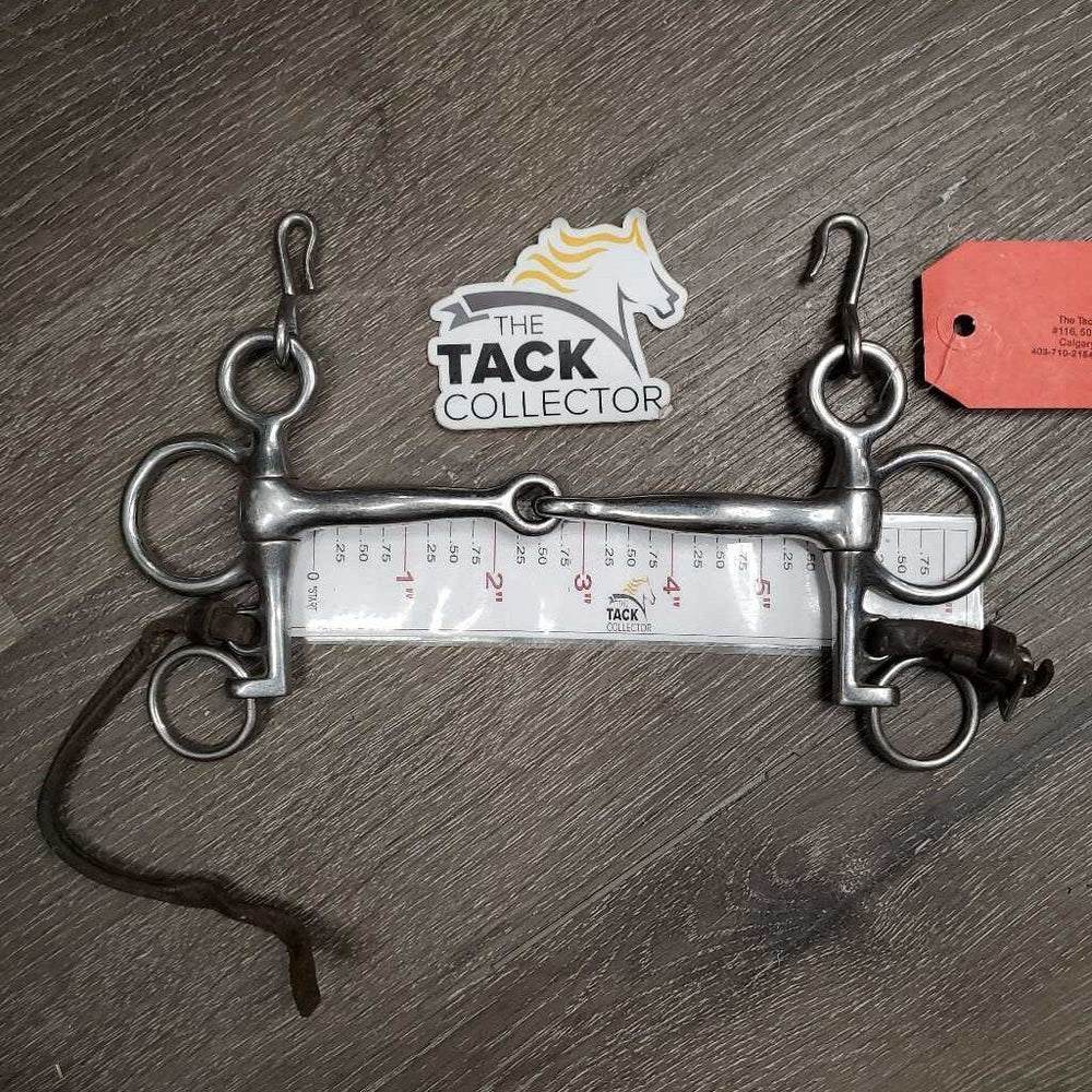 SS Jointed Pelham Bit, leather lip strap *vgc, NO Chain, clean, scratches *strap: stiff, dirt
