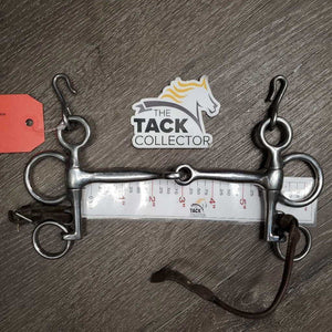 SS Jointed Pelham Bit, leather lip strap *vgc, NO Chain, clean, scratches *strap: stiff, dirt