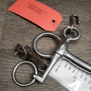 SS Jointed Pelham Bit, leather lip strap *vgc, NO Chain, clean, scratches *strap: stiff, dirt