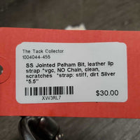 SS Jointed Pelham Bit, leather lip strap *vgc, NO Chain, clean, scratches *strap: stiff, dirt
