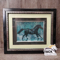 Framed & Matted Running Black Horse *gc, dirty, hairy, smudges, peeling/lifting tape
