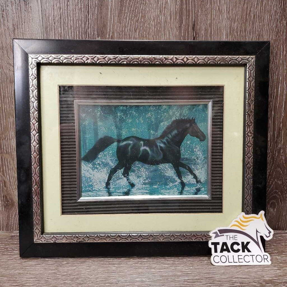 Framed & Matted Running Black Horse *gc, dirty, hairy, smudges, peeling/lifting tape