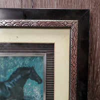 Framed & Matted Running Black Horse *gc, dirty, hairy, smudges, peeling/lifting tape
