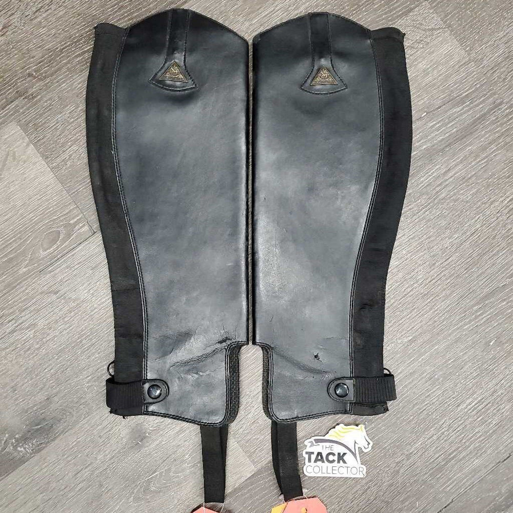 Pr Leather Half Chaps, Back Zipper *gc/fair, stiff leather & zippers, cracking, peeled spots, stretched elastic, mnr frayed ends, older, unstitched top edge