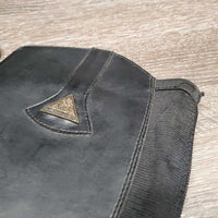 Pr Leather Half Chaps, Back Zipper *gc/fair, stiff leather & zippers, cracking, peeled spots, stretched elastic, mnr frayed ends, older, unstitched top edge
