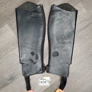 Pr Leather Half Chaps, Back Zipper *gc/fair, stiff leather & zippers, cracking, peeled spots, stretched elastic, mnr frayed ends, older, unstitched top edge
