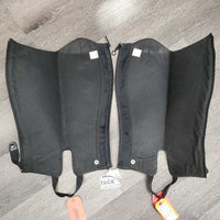 Pr Leather Half Chaps, Back Zipper *gc/fair, stiff leather & zippers, cracking, peeled spots, stretched elastic, mnr frayed ends, older, unstitched top edge
