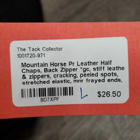 Pr Leather Half Chaps, Back Zipper *gc/fair, stiff leather & zippers, cracking, peeled spots, stretched elastic, mnr frayed ends, older, unstitched top edge