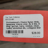 Nylon Web, Neoprene Velcro Liner, 2x D Els, D Ring *gc/fair, hairy, residue, clean, faded, stretched els, v.chipped liner
