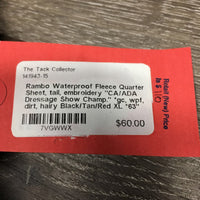 Waterproof Fleece Quarter Sheet, tail, embroidery "CA/ADA Dressage Show Champ." *gc, wpf, dirt, hairy
