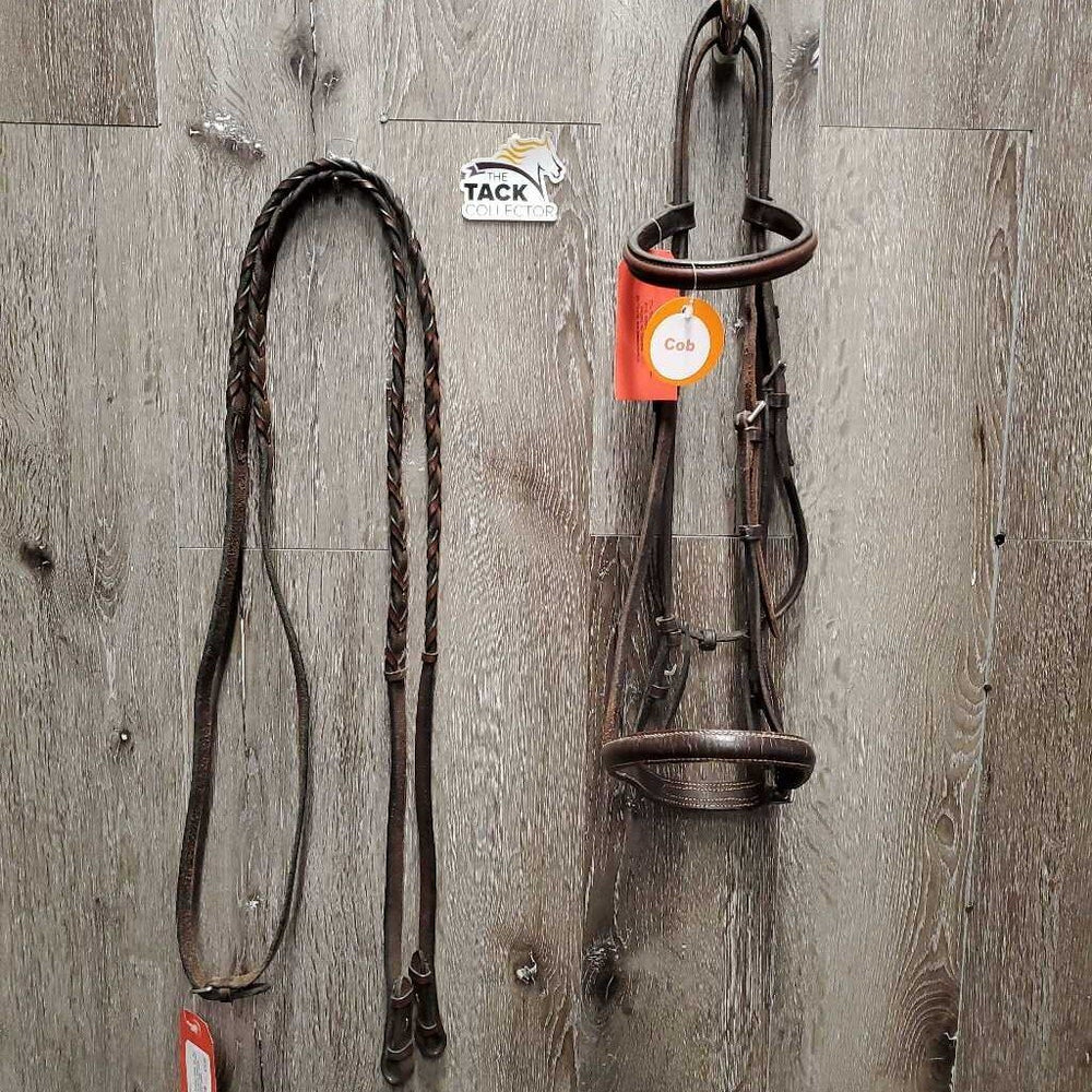 Rsd Bridle, Braided Reins *gc, dry, stiff, clean, scraped edges, v.bent end, hard/creased nose, loose keepers, scraped edges, mismatched reins