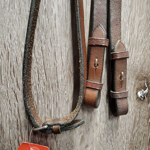 Rsd Bridle, Braided Reins *gc, dry, stiff, clean, scraped edges, v.bent end, hard/creased nose, loose keepers, scraped edges, mismatched reins