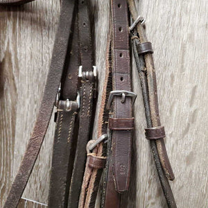 Rsd Bridle, Braided Reins *gc, dry, stiff, clean, scraped edges, v.bent end, hard/creased nose, loose keepers, scraped edges, mismatched reins