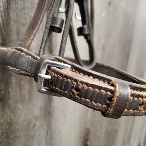 Rsd Bridle, Braided Reins *gc, dry, stiff, clean, scraped edges, v.bent end, hard/creased nose, loose keepers, scraped edges, mismatched reins
