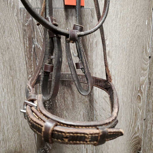 Rsd Bridle, Braided Reins *gc, dry, stiff, clean, scraped edges, v.bent end, hard/creased nose, loose keepers, scraped edges, mismatched reins