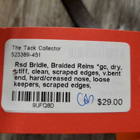 Rsd Bridle, Braided Reins *gc, dry, stiff, clean, scraped edges, v.bent end, hard/creased nose, loose keepers, scraped edges, mismatched reins
