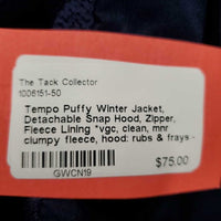 Puffy Winter Jacket, Detachable Snap Hood, Zipper, Fleece Lining *vgc, clean, mnr clumpy fleece, hood: rubs & frays - L
