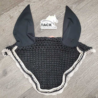 Crochet Fly Veil Ear Bonnet, bling, piping *gc, clean, faded, snags, undone stitching, v.curled, loose & missing bling
