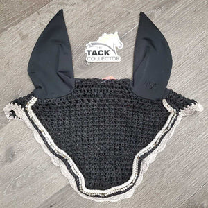 Crochet Fly Veil Ear Bonnet, bling, piping *gc, clean, faded, snags, undone stitching, v.curled, loose & missing bling