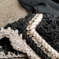 Crochet Fly Veil Ear Bonnet, bling, piping *gc, clean, faded, snags, undone stitching, v.curled, loose & missing bling
