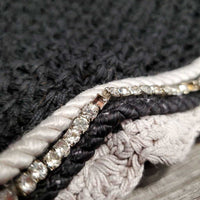 Crochet Fly Veil Ear Bonnet, bling, piping *gc, clean, faded, snags, undone stitching, v.curled, loose & missing bling

