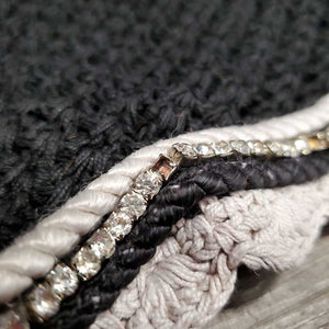 Crochet Fly Veil Ear Bonnet, bling, piping *gc, clean, faded, snags, undone stitching, v.curled, loose & missing bling