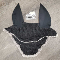 Crochet Fly Veil Ear Bonnet, bling, piping *gc, clean, faded, snags, undone stitching, v.curled, loose & missing bling
