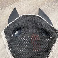 Crochet Fly Veil Ear Bonnet, bling, piping *gc, clean, faded, snags, undone stitching, v.curled, loose & missing bling
