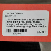 Crochet Fly Veil Ear Bonnet, bling, piping *gc, clean, faded, snags, undone stitching, v.curled, loose & missing bling
