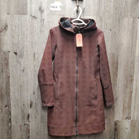 Long Soft Shell Fleece Lined Coach Riding Jacket, detach hood *gc/fair, v.dirty, seam puckers, stains, older, mnr wpf, rubs, v.faded & discolored
