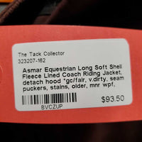 Long Soft Shell Fleece Lined Coach Riding Jacket, detach hood *gc/fair, v.dirty, seam puckers, stains, older, mnr wpf, rubs, v.faded & discolored
