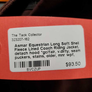 Long Soft Shell Fleece Lined Coach Riding Jacket, detach hood *gc/fair, v.dirty, seam puckers, stains, older, mnr wpf, rubs, v.faded & discolored