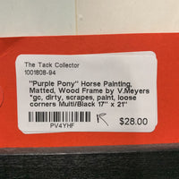 "Purple Pony" Horse Painting, Matted, Wood Frame by V.Meyers *gc, dirty, scrapes, paint, loose corners
