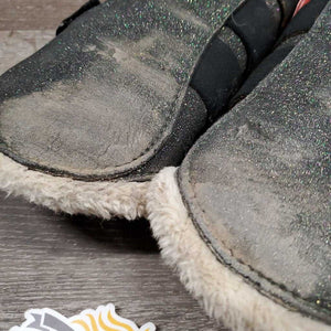 Closed Sparkley Boots, velcro, fleece *gc, dirty, hairy, stains, puckered & rubs, hairy velcro